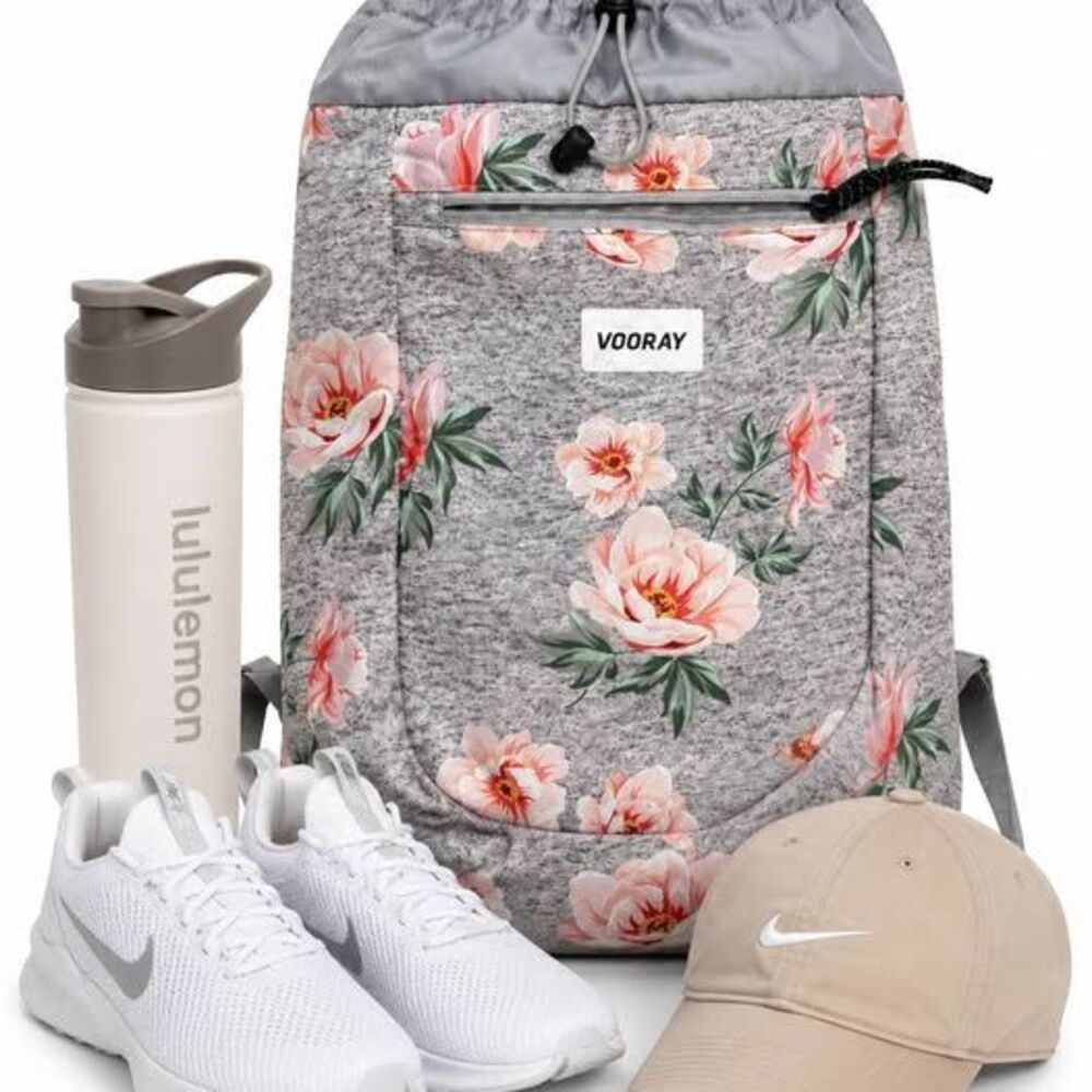 Vooray Floral Cinch Backpack – Gray & Blush Pink Gym/Yoga Bag